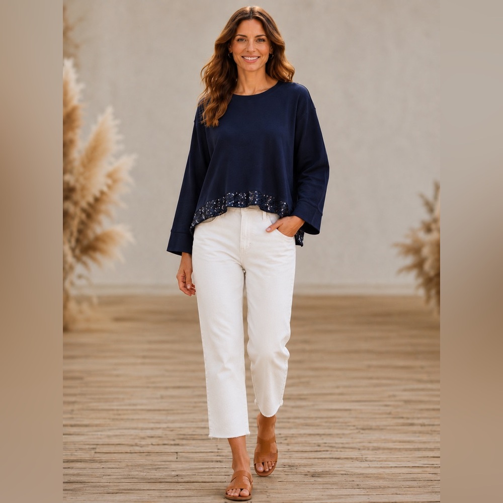 J. Crew Navy Sweatshirt with Sequin Hem Trim Size M